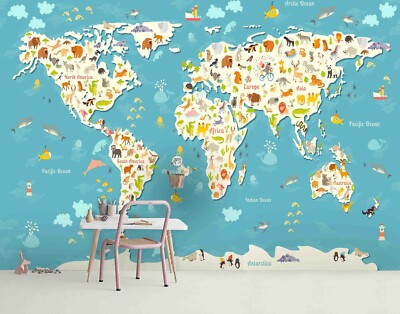 3D Colorful Animal World Map Self-adhesive Removable Wallpaper Murals Wall