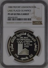 LEBANON , PIEFORT 10 LIVRES LAKE PLACID OLYMPICS 1980 - NGC PF 69 UC , RAREZ
