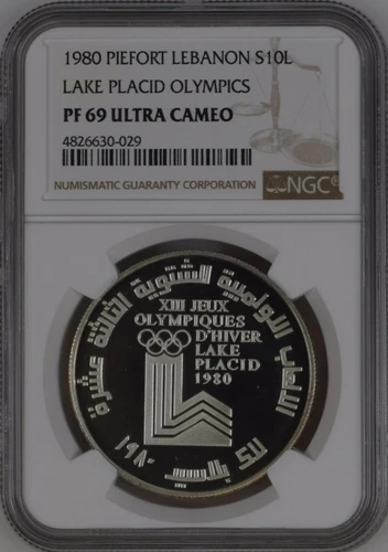 LEBANON , PIEFORT 10 LIVRES LAKE PLACID OLYMPICS 1980 - NGC PF 69 UC , RAREZ