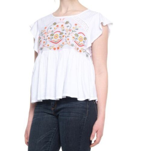🤩Women's Embroidered Top Sz S Lucky Brand Knit Shirt Short Sleeve White floral