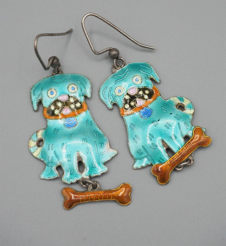 Pendientes articulados vintage plata esterlina esmalte azul divertido perro cachorro con hueso Foto 3 de 4