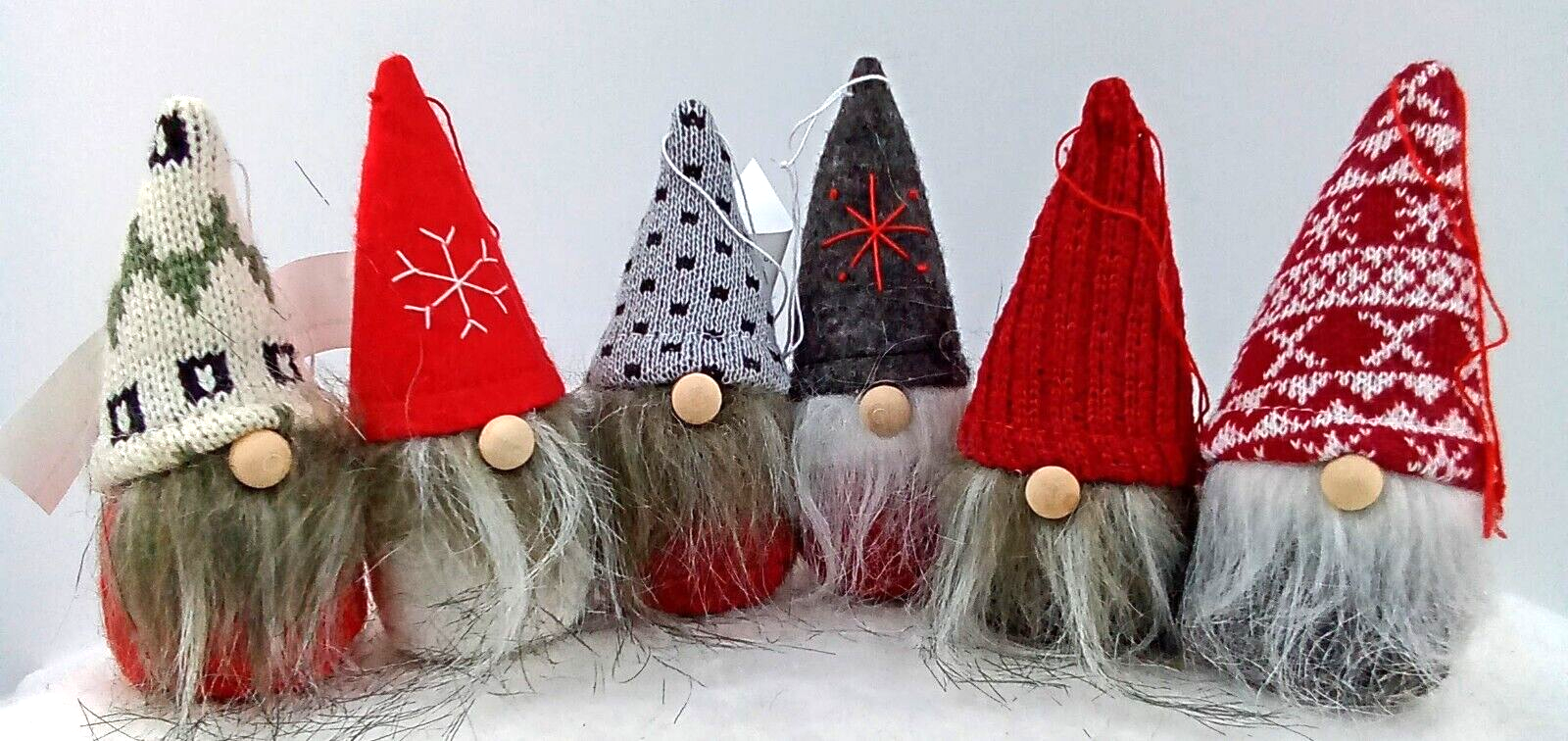 Wee Gnome Ornaments Set of 6 with Wood Noses and Beards