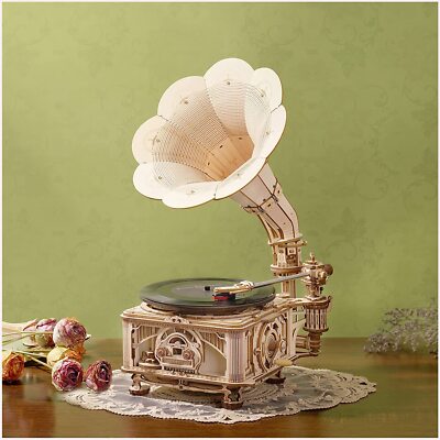 ROKR 3D Wooden Puzzle DIY Hand Crank Classic Gramophone Model Building Toy Gift
