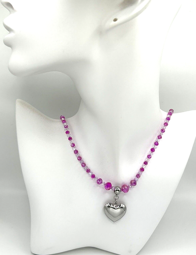 Stainless Steel Heart & Fuchsia Hot Pink Glass Beaded Necklace Pendant 21 inches - Picture 2 of 6