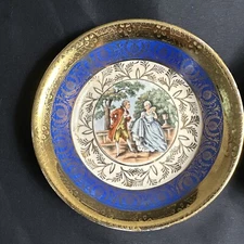 Set of 3 Vtg  Bromley Victorian Blue 22K Gold Wtd Bowls 5 1/2” Couple Courting