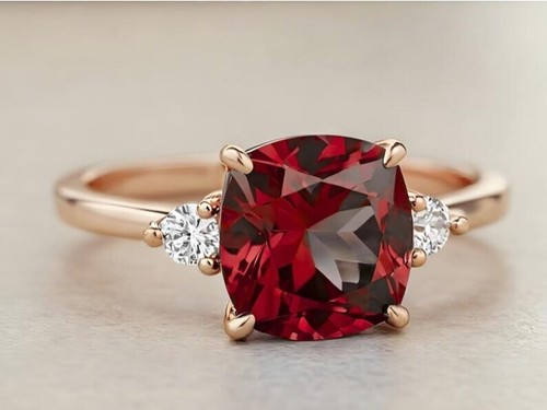 Cushion Red Garnet Solid 14K Yellow Gold Halo Engagement Bridal Anniversary Gift - Picture 3 of 6