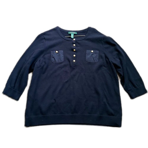 Lauren Ralph Lauren Black Henley Blouse 1/2 Sleeve Gold Buttons 2 Pockets - 2XL - Picture 2 of 11