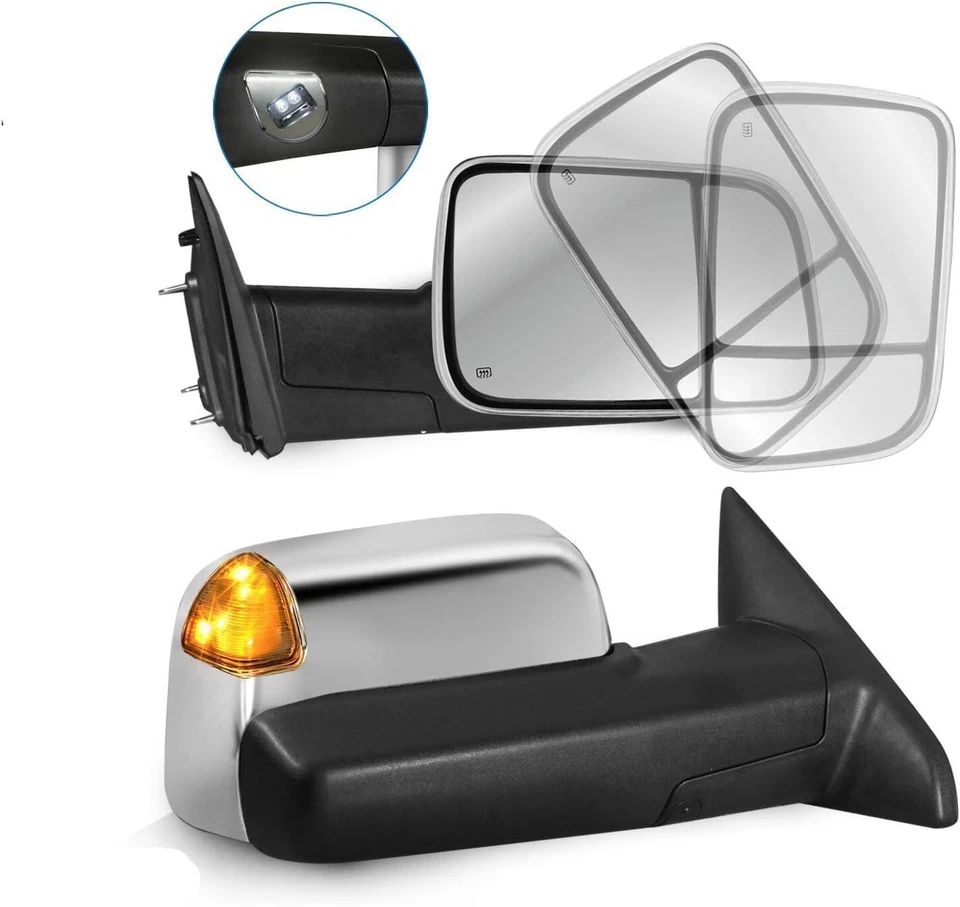 Power Heated Towing Mirrors Chrome Pair LED Signal Puddle Lights Compatible Fit - Imagem 3 de 4