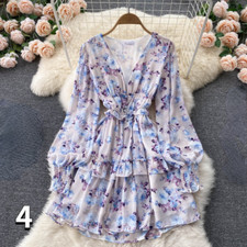 Femme Mini Floral Robe Col V Ruche Superposé Mousseline Bouffant Manche Plage