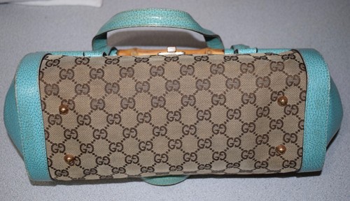 Vintage Gucci Monogram Teal Blue Bamboo Bullet Tom Ford Handbag Purse ~ US6 - Picture 11 of 19