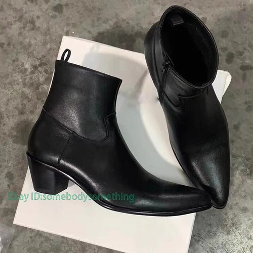 Mens New Pointed Toe Boots Cuban Heels Genuine Leather Ankle Boots Shoes - Picture 11 of 19