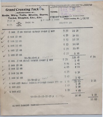 1907 Grand Crossing Tack Co Billhead Illinois IL Rods Wire Nails Rivets Staples