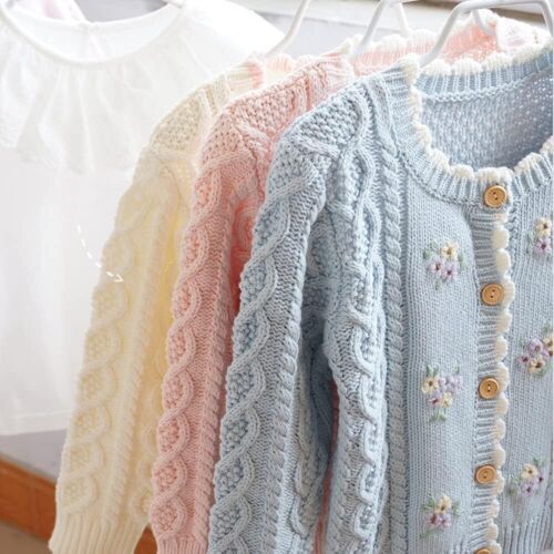 Baby Girls Knitted Cardigan Sweater Crewneck Knit Crochet Outwear for Toddler