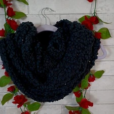 Women's Infinity Scarf Black Open Knit Chunky Scarf  12 x 30 Sequins Cozy Soft