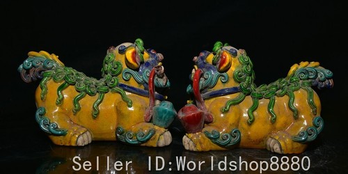 6" Old Chinese Shiwan Porcelain Fengshui Foo Fu Dog Guardion Lion Sculpture Pair - Picture 5 of 8