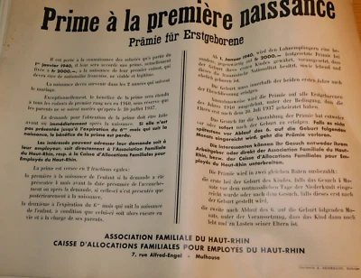 10 AFFICHE 1940 propagande NATALITE occupation ALSACE mulhouse PRIME à NAISSANCE - Photo 1/4