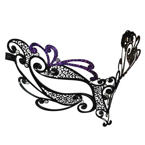 Purple Swirl Black Laser Cut Crystals Glitter Masquerade Metal Filigree Mask - Picture 4 of 4