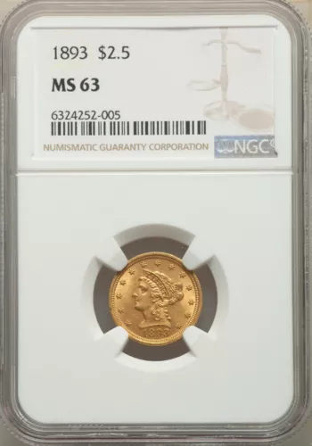 1893 LIBERTY HEAD $2.5 QUARTER EAGLE GOLD NGC MS63