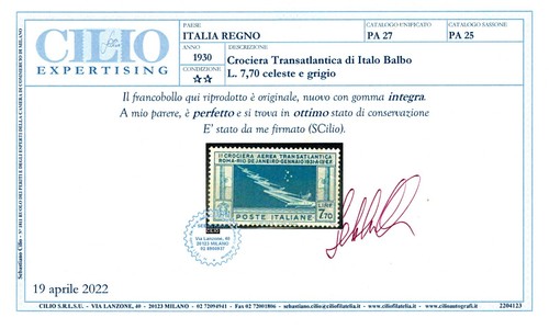 REGNO 1930 - Crociera transatlantica del generale Balbo cert. CILIO (MNH**) - Picture 3 of 3