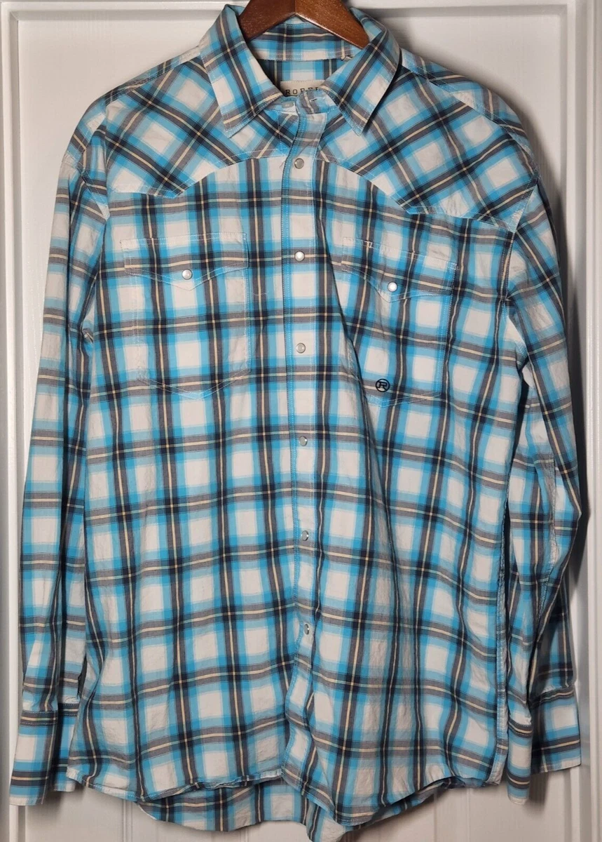 Chemise Western Roper Homme XLT Bleu Clair à Carreaux, Boutons Pression Perle, Pour Rodéo Ou Danse