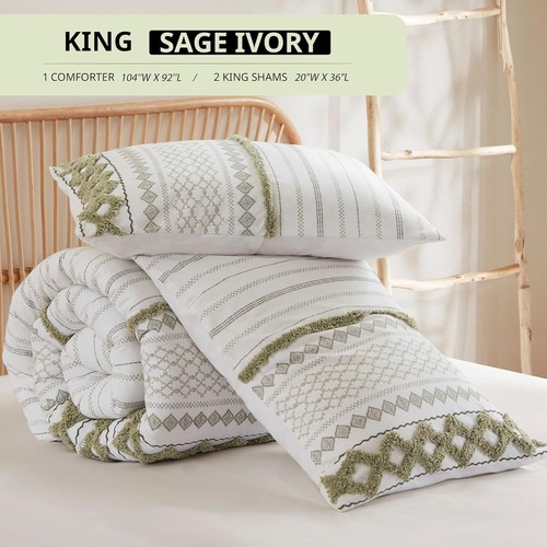 Breathable Cotton King Comforter Set - Geometric & Tufted Design, Sage Green - Picture 8 of 12