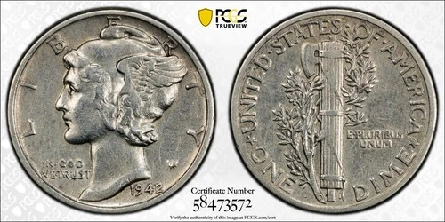 1942/1 Mercury Dime ~ PCGS XF Detail~ MInt Error ~ 90 % Silver ~ Free Shipping ~