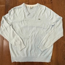 Lacoste V-Neck Sweater Mens 5 L Baby Blue Embroidered Logo Preppy Cotton Knit