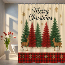 Merry Christmas Shower Curtain with Deer and Trees, Holiday Decor