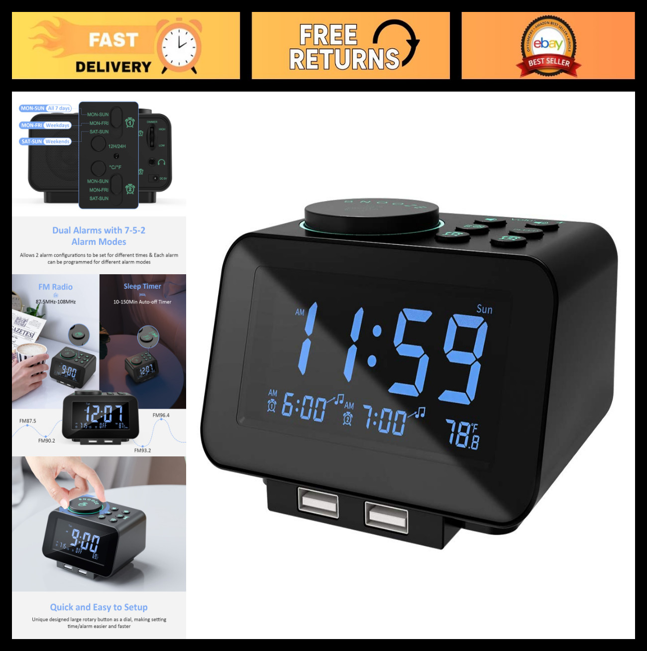 Digital Dual Alarm Clock Radio 0 100 % Dimmer, FM Radio, Sleep Timer, USB Ports featured image