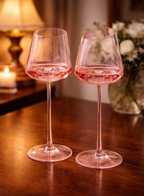VENTRAY French Style Wine/Champagne Glasses Set of 2, Elegant Pink Crystal
