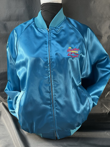 VTG 80s Chevrolet Bomber Jacket Mens Turquoise Satin King Louie USA Made Size L - Picture 1 of 18