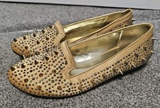 NEW ODEON GOLD SATIN SPIKE STUD DESIGNER INSPIRED SLIP ON LOAFER FLAT SHOES UK 3