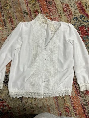 New White Bedford Fair Women s Lace Blouse Size 14 White Work Dressy Button Up