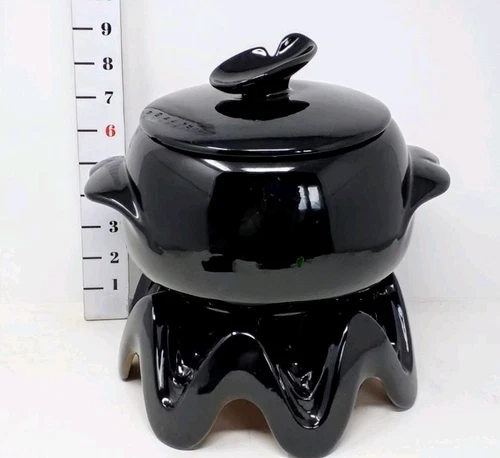 Vintage Frankoma Pottery Wai Dish Casserole Warmer & Stand Jar Black 4V