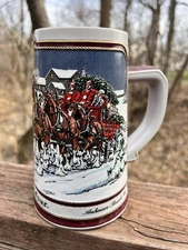 1989 Anheuser Busch Budweiser Bud Holiday Christmas Beer Stein Clydesdales 3D
