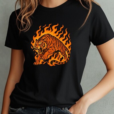 T-Shirt Frauen Tiger in Flammen Motiv Baumwolle Größe S bis 3XL