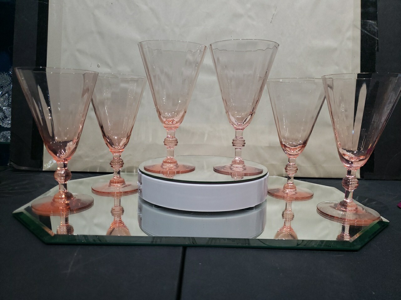 (6) Water Goblets glasses 6-5/8",  Fry co. Fry17-6 Pink Optic wafer stem 17