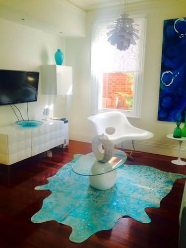 Turquoise Metallic Cowhide Rug Size: ~7 X 7 Turquoise Acid Wash Cowhide Rugs - Picture 7 of 12