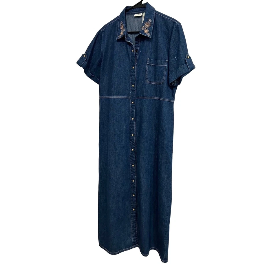 Vintage White Stag Denim Button-Down Dress Floral Embroidered Collar Size Large - Image 3 of 4