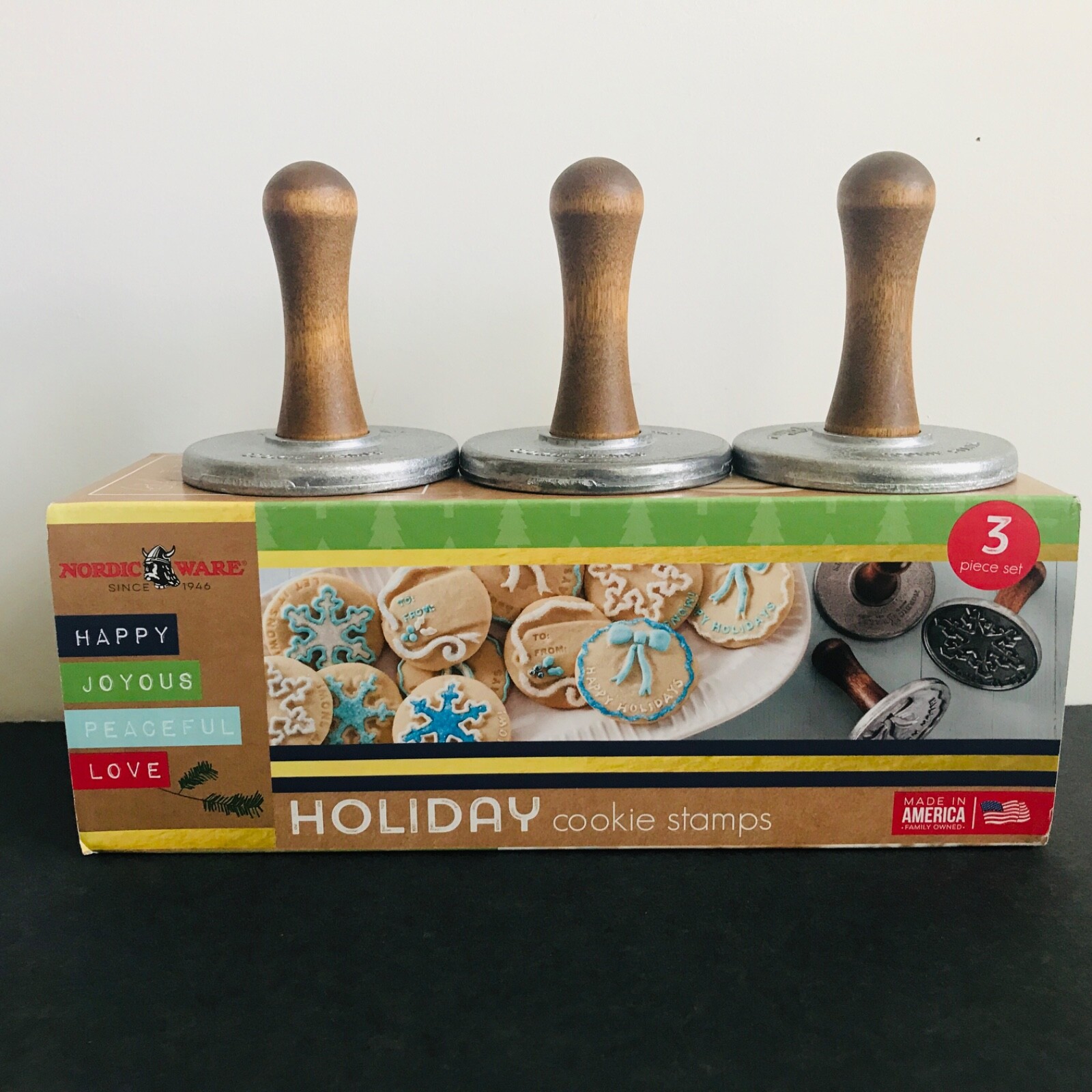 Set of 3 Nordic Ware Holiday Cookie Stamps with Wood Handles, Box & Recipe