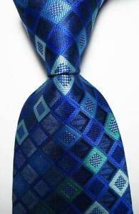 New Classic Checks Blue Black White JACQUARD WOVEN 100% Silk Men's Tie Necktie