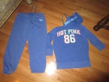 2pc Victoria's Secret "HOT PINK PINK OMBRE Letter Blue Hoodie Sweatsuit Set S/M