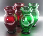 Anchor Hocking Forest Green/ Ruby Red Bud Vases Set of 4 - 6.5" VTG Christmas