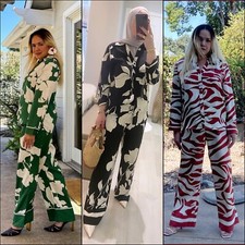 H M HM Long Sleeved Shirt Wide Cut Pants PAJAMA SET - GREEN / BLACK / ZEBRA