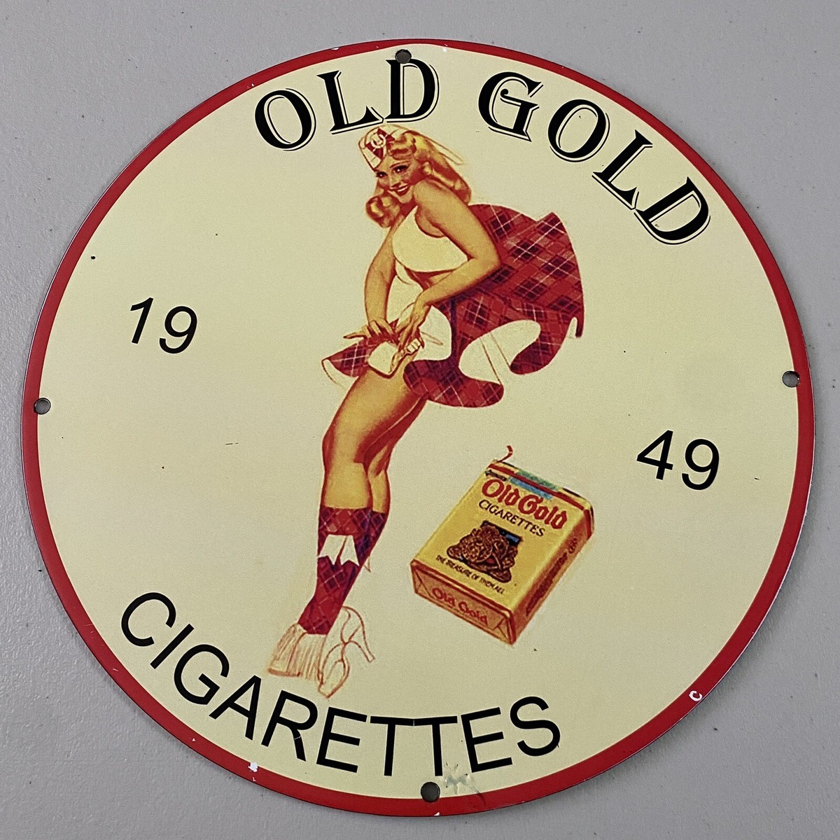 VINTAGE OLD GOLD CIGARETTE PORCELAIN GAS OIL SMOKE TOBACCO SHOP AD PUMP SIGN