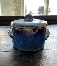 Rustic Handmade Reactive Blue Glazed Stoneware Bean Pot/Crock w/Lid and Handles