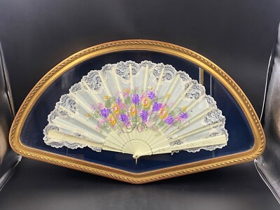Fächerbild Fächer creme handdekoriert Stickerei Blumen Vintage