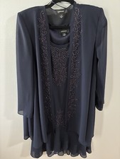 R M Richards Women's 12 Jacket Dress 2-Piece Navy Chiffon Beaded Dress Set