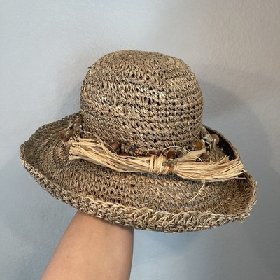 CHICOS Floppy Straw Sun Hat Tan Paper Brown Beads Packable Festival Vacation USA