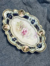 Rare RS Prussia Medallion 4 Portrait Oval Bowl Tray Large Blue Gold Women 13 1/8